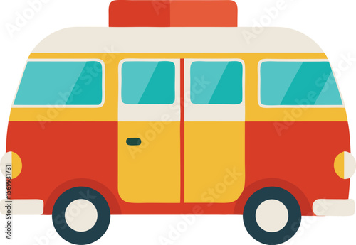 Retro Campervan Adventure: A vibrantly colored campervan, a symbol of freedom and the open road, embodies the spirit of adventure. It's an illustration beckoning exploration and travel.