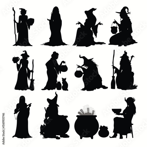 witch with cauldron silhouette set, Black & White silhouette set