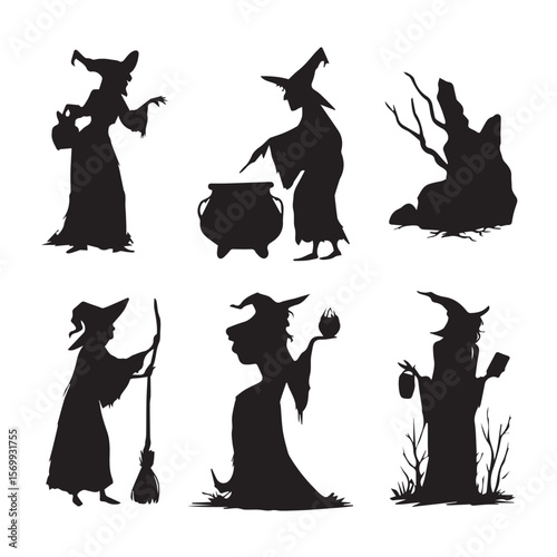 witch with cauldron silhouette set, Black & White silhouette set