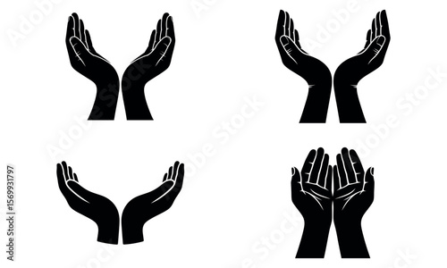 Silhouette set of raised hands in prayer and worship gesture icon
