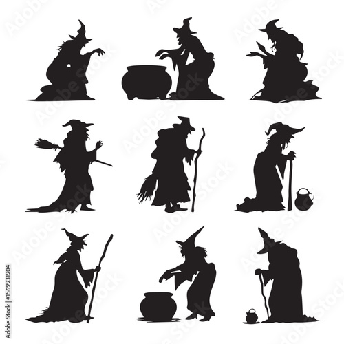 witch with cauldron silhouette set, Black & White silhouette set
