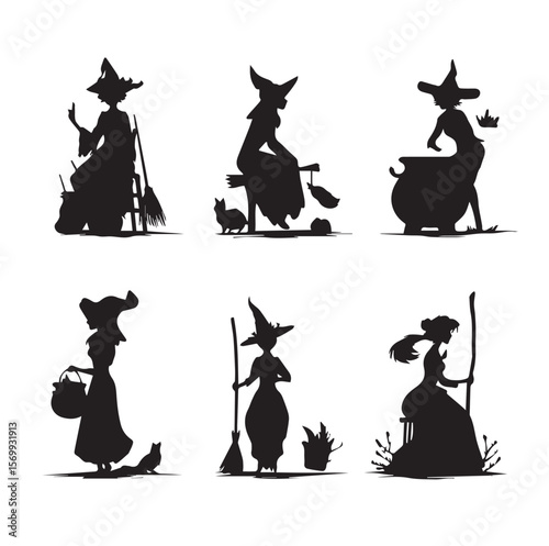 witch with cauldron silhouette set, Black & White silhouette set