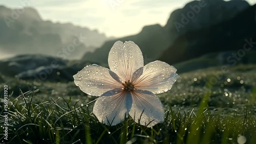 Delicate flower with dew glistening in a serene landscape at sunrise, surrounded by misty mountains