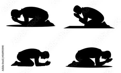 Silhouette set of kneeling people praying in religious worship posture
