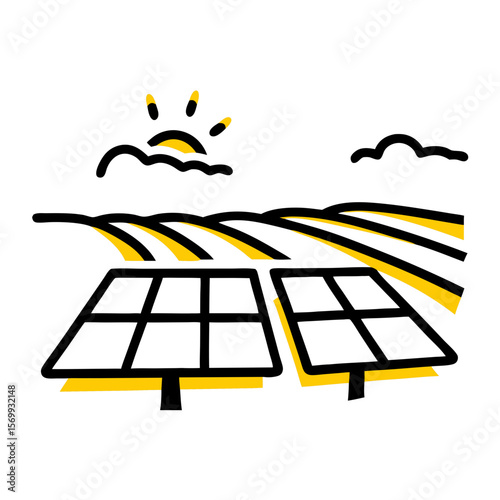 Solar panels on fields under the sun with clouds in the background  