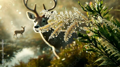 Dew-covered foliage glistens in sunlight with a deer in a misty forest background