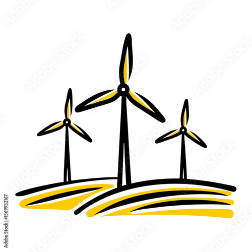 Wind farm with three turbines on rolling hills in minimalist style  