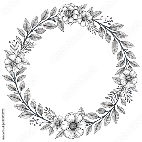 Wallpaper Mural A floral wreath illustration with detailed leaves and flowers in a circular arrangement design Torontodigital.ca