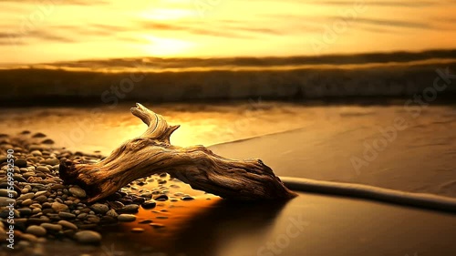 Driftwood resting on pebbled beach during sunset with gentle waves lapping nearby