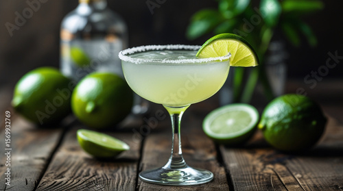 Summer Themed Cocktail Drink with Lime and Wooden Background