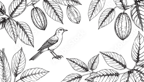 Tropical Bird and Cacao Botanical Border