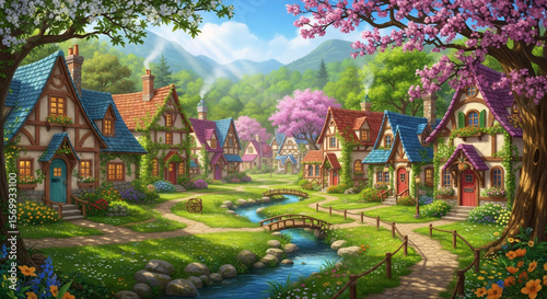 Fairy tale village with colorful cottages, blooming trees, and small bridge over stream. Fantasy landscape illustration for children's book, game background, or puzzle design