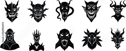 Demon Mask, Japanese Traditional devil mask isolated. Silhouette Vector Illustration with horns and detailed ornamental tattoo artistry on a white background. Halloween