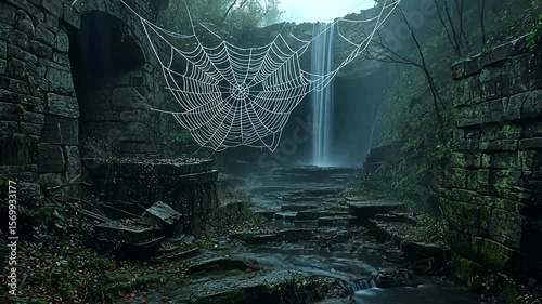 Enchanted forest scene featuring a large spider web, cascading waterfall, and mossy stones