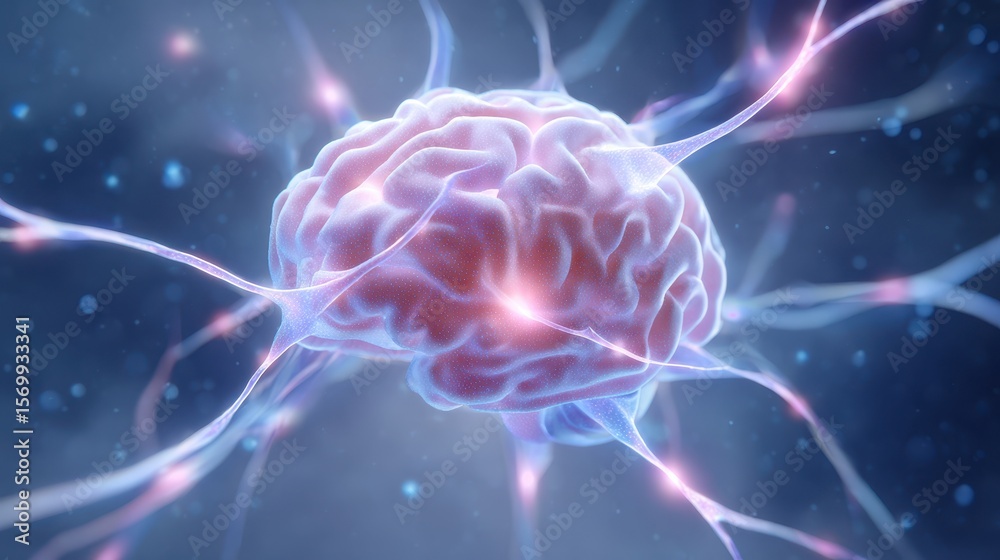 Fototapeta premium Digital illustration of a brain with vibrant neural connections, symbolizing intelligence and cognition in a modern, abstract style.
