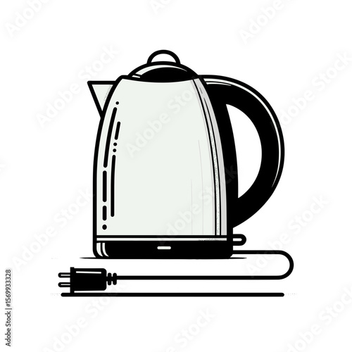 Electric kettle with cord in minimalist line art style on transparent background  