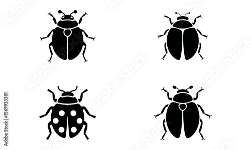 Set of beetle and ladybug insect silhouettes in black vector style
