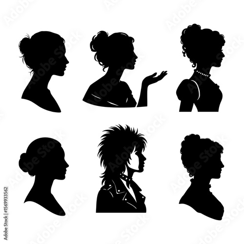 Beautiful silhouettes of women's heads and hairstyles. Vector illustrations.