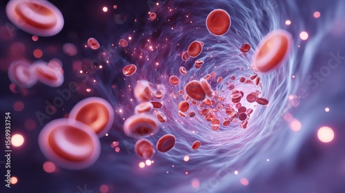 Abstract visualization of red blood cells swirling in a dynamic, colorful background, representing circulation and biological processes.