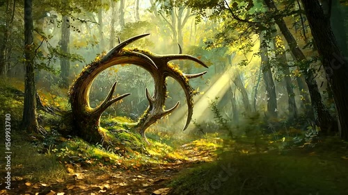 Enchanted forest scene with sun rays illuminating twisted antler-like trees along a serene path