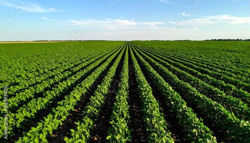 Wide green field, rows of crops