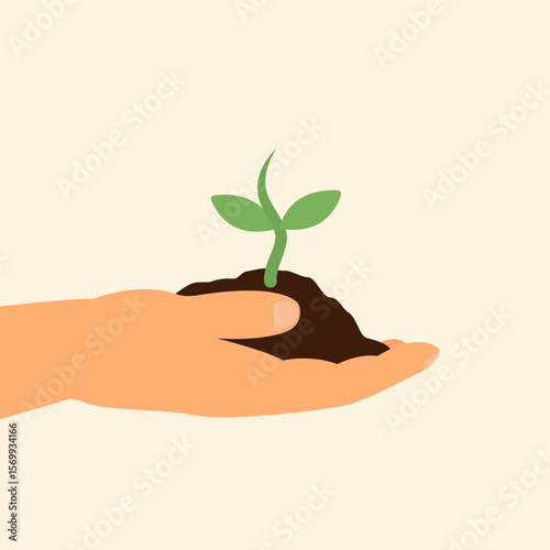 Hand holding soil with young green seedling. Vector illustration for concepts related to sustainability, eco-consciousness, and organic gardening