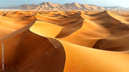 Expansive golden sand dunes under a clear sky, showcasing the beauty of a desert landscape