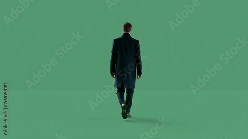Back view of a solitary man walking slowly, chroma key green background