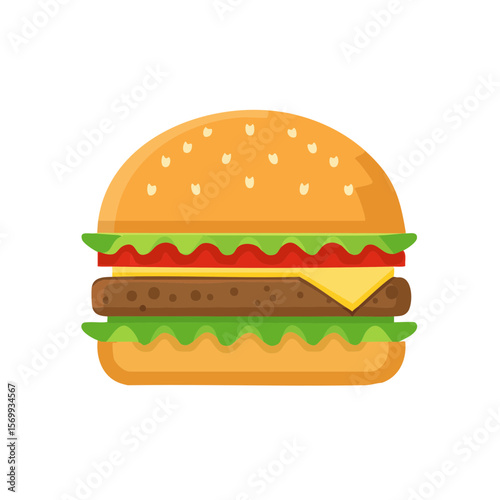 A delicious cartoon burger with fresh ingredients. The burger includes a patty, cheese, lettuce, tomato, and a sesame seed bun