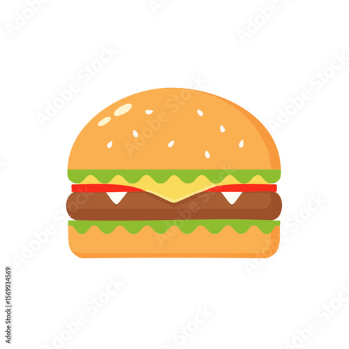 A fresh, appetizing hamburger with all the fixings, a delicious treat. The burger sits fresh and appealing