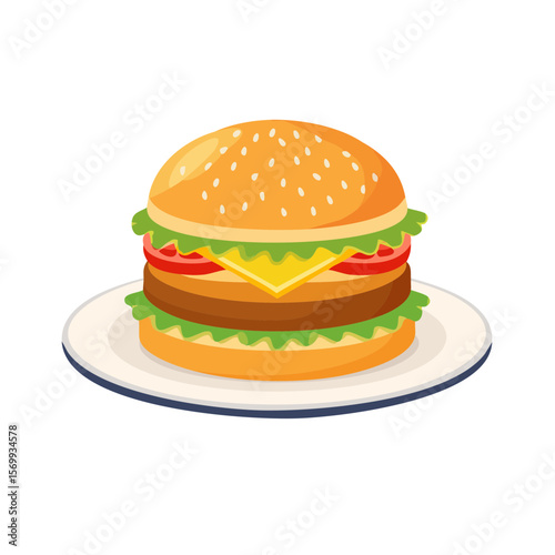 A delicious burger on a plate, ready to be enjoyed. The burger is served on a plate with various toppings. 