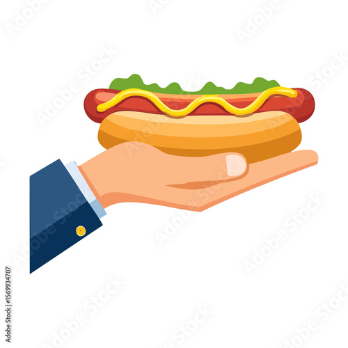 A delicious hot dog in a hand, ready to be enjoyed! The hot dog is in a bun with mustard and relish