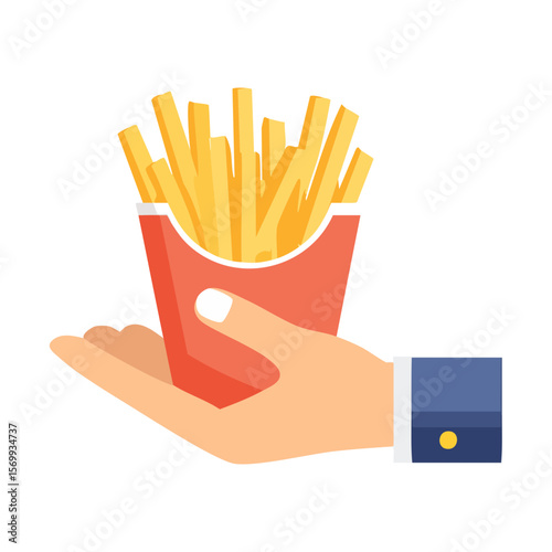 A hand holding a red carton of french fries. The fries are golden yellow and look crispy and delicious.