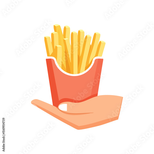 A hand holds a carton of delicious french fries