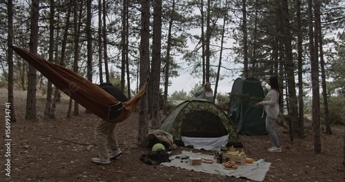 Wallpaper Mural Friends setting up camp and enjoying their time together in the forest. They have pitched a tent and hung a hammock, with a picnic blanket laid out with food and drinks. Torontodigital.ca