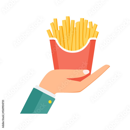 A hand holding a red container filled with golden, crispy French fries