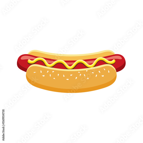 Classic hot dog with mustard on bun. It is tasty snack.