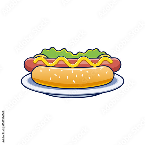 Hot dog on a plate with mustard and lettuce. A delicious and classic American food.