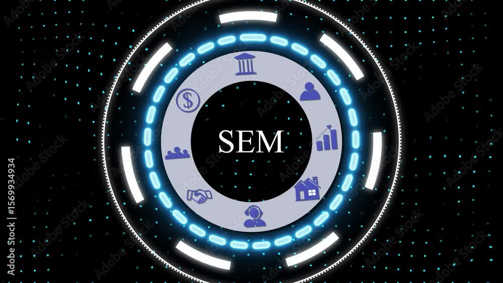 A SEM concept button on a clear projection ,Business, Technology and network concept. Animated Dynamic wave of color particles. Digital technology background random dot 4K. 