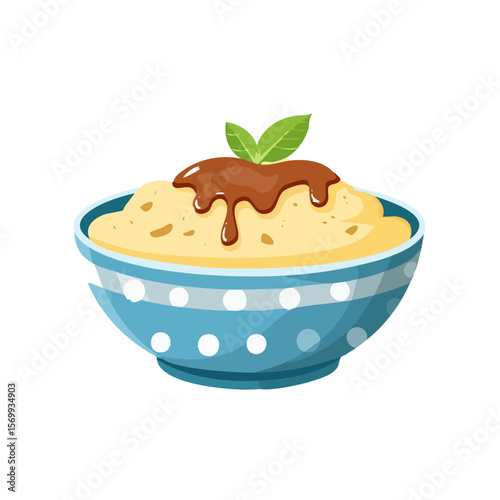 A delicious bowl of creamy mashed potatoes topped with a rich sauce and a sprig of mint. The potatoes look smooth and fluffy, and the sauce adds a touch of elegance and flavor.