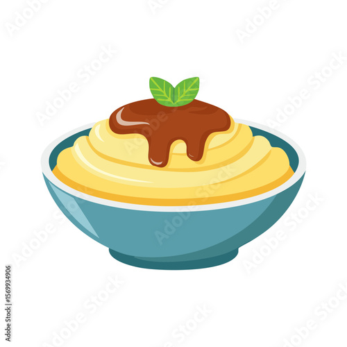 A delicious bowl of mashed potato topped with gravy and mint