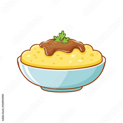 A bowl of delicious mashed potatoes topped with gravy and parsley, perfect for a meal. The mashed potatoes has a creamy texture and the gravy adds a rich flavor