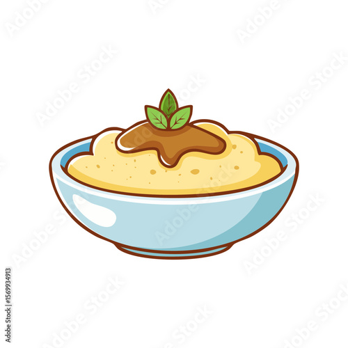 A bowl of creamy mashed potatoes with gravy and fresh basil leaves