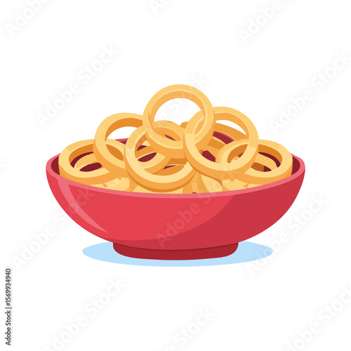 Crispy onion rings in a red bowl. An appetizing snack ready to be enjoyed.