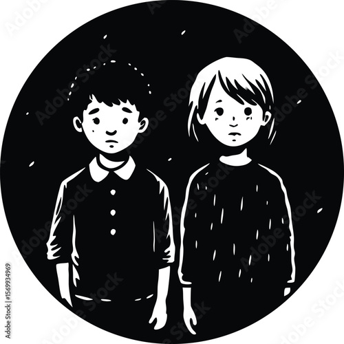 Doubtful Silhouette: A monochrome depiction of two young figures facing forward in the darkness, their expressions imbued with curiosity and uncertainty, evoking empathy.