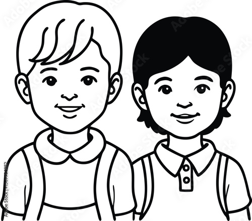 Friendship's Bond: Two young friends, shoulder to shoulder, exude a heartwarming sense of companionship, the scene rendered in simple, yet evocative, monochrome lines.