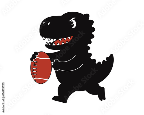 A cartoonish, black silhouette of a dinosaur holding a red rugby ball.
