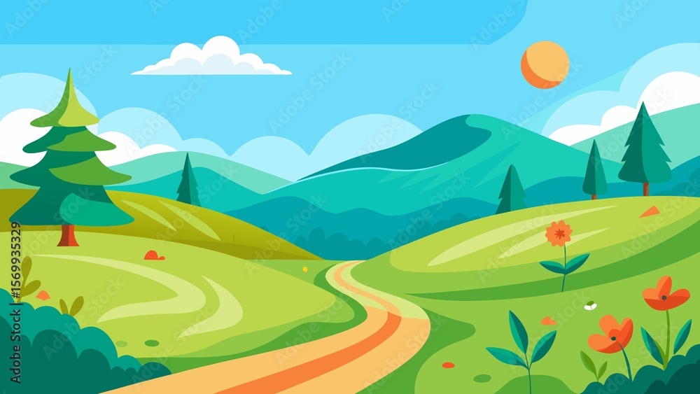 Fototapeta premium A winding path leads through lush green hills under a bright blue sky with fluffy clouds