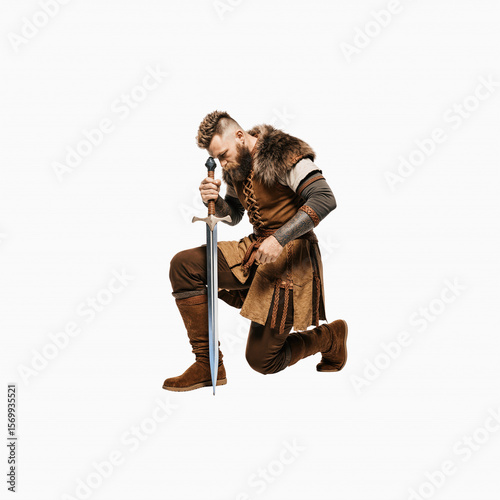 Viking Warrior Kneeling in Prayer: A powerful image of a Viking warrior kneeling in prayer, head bowed, holding his sword. The warrior is clad in traditional attire.