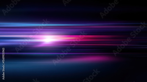 Abstract streaks of vibrant pink and blue light blur across a dark futuristic background
